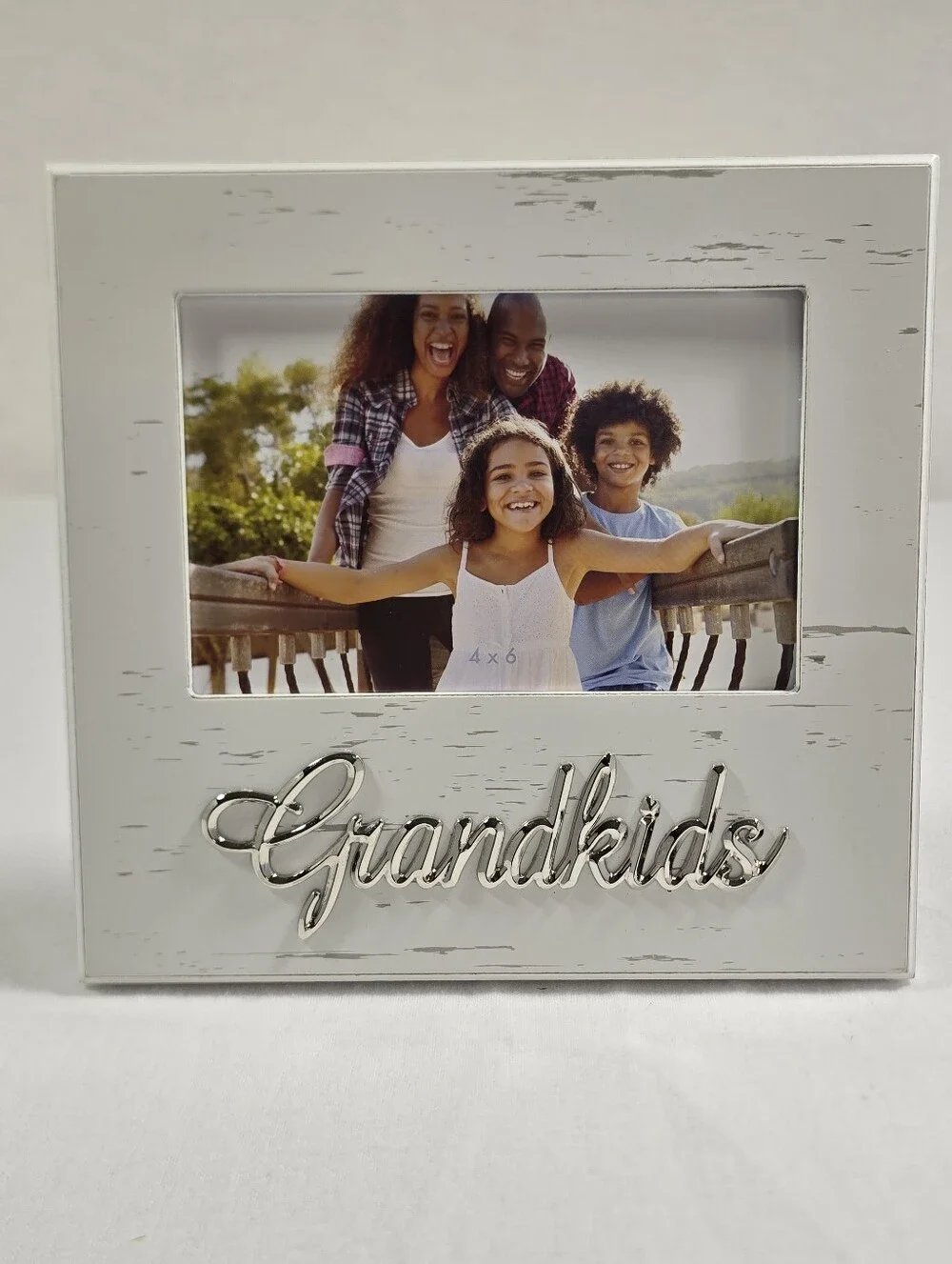Grandkids White Wooden Picture Frame with Silver Script Accent Fits 4X6 Pic